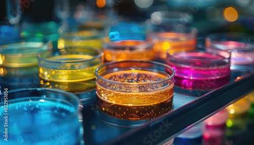 Bioengineered bacteria  petri dishes with glowing cultures  advanced biotechnology  vibrant colors  hightech lab