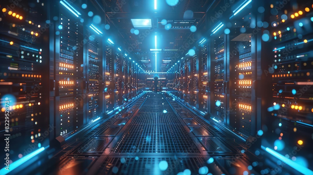 Blockchain data center, rows of servers, glowing blue lights, secure network, advanced technology, high resolution Blockchain data center, rows of servers, glowing blue lights, secure network, advanced technology, high resolution