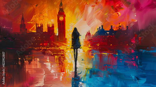 Abstract oil painting of a woman standing in front of a famous city landmark, with bright colors and dynamic composition