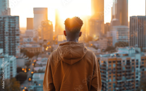 A mockup of the back view young man wearing brown sweatshirt with cityscape sunset in background, city skyline