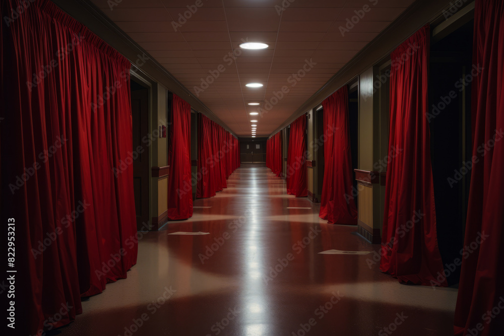 Long hallway with red curtains and light on the ceiling. Long hallway with red curtains and light on the ceiling.