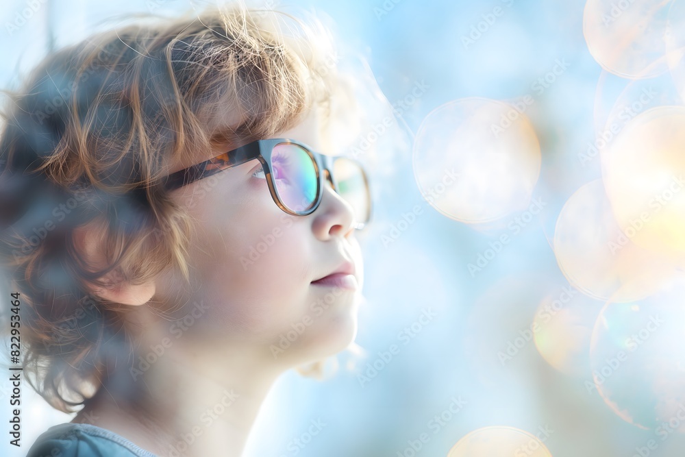 Curly-haired child with glasses looking out a window with dreamy bokeh lighting Curly-haired child with glasses looking out a window with dreamy bokeh lighting