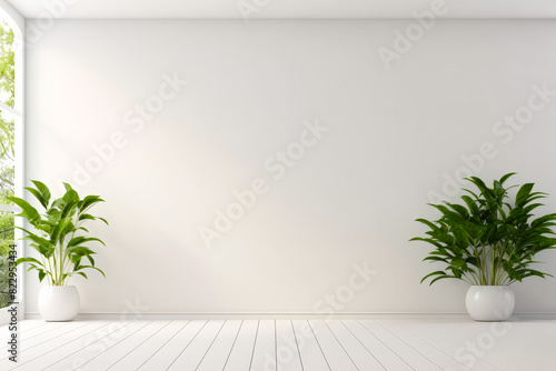 Room with two plants in it and white wall.