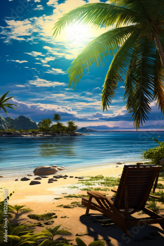 Image of beach with chair and palm trees.