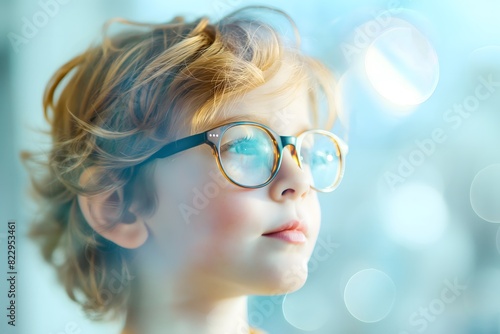 Curly-haired child with glasses looking out a window with dreamy bokeh lighting