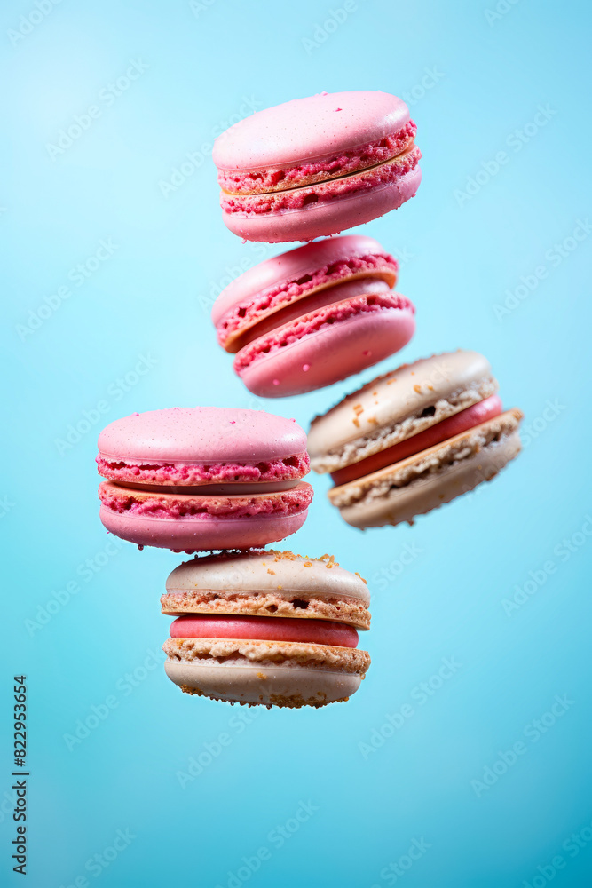 Group of macaroons flying in the air with pink and white frosting. Group of macaroons flying in the air with pink and white frosting.