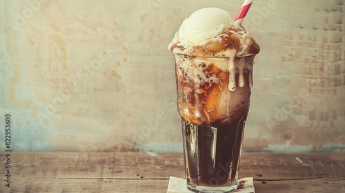 A vintage-style photograph of a root beer float. A tall glass filled with creamy vanilla ice cream, creating a foamy head. A red and white striped straw rests on the rim of the glass