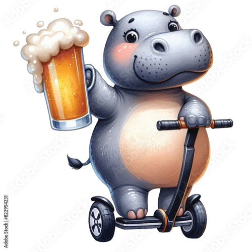 hippo holding a beer glass stands on a Segway