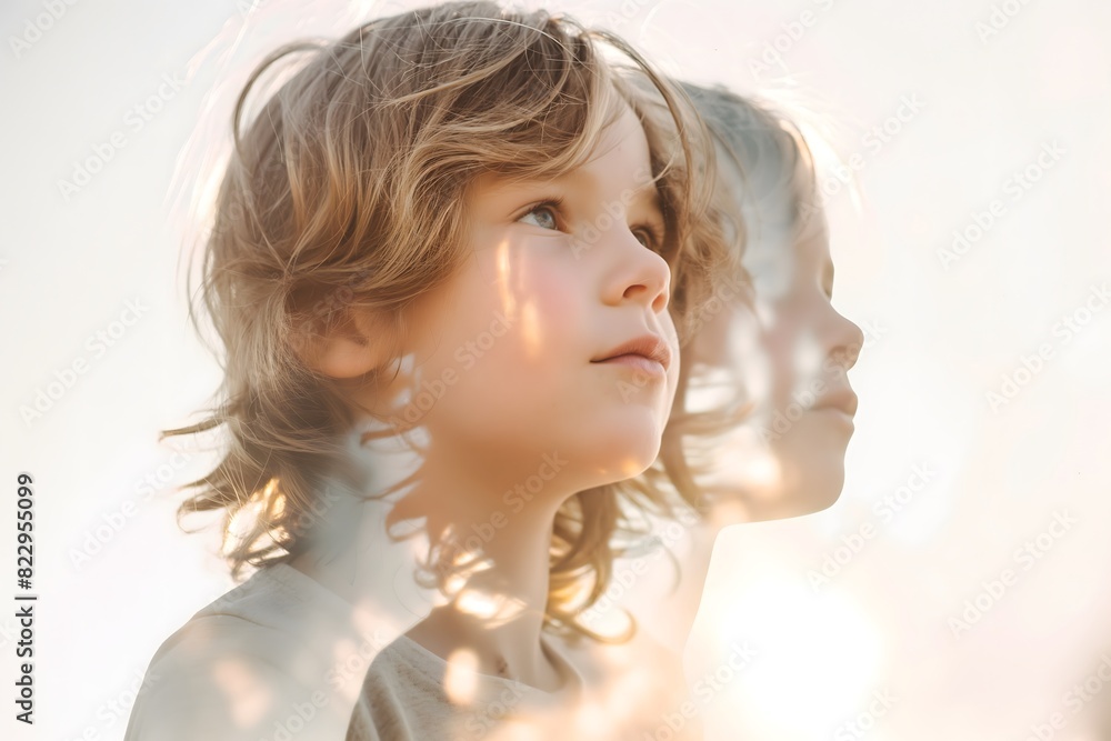 Double exposure portrait of a curly-haired child with light and natural textures, creating a dreamy and serene atmosphere Double exposure portrait of a curly-haired child with light and natural textures, creating a dreamy and serene atmosphere