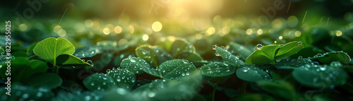 Close-up of lush green clover leaves covered in sparkling dewdrops under the warm glow of sunlight, creating a serene and fresh morning scene. photo