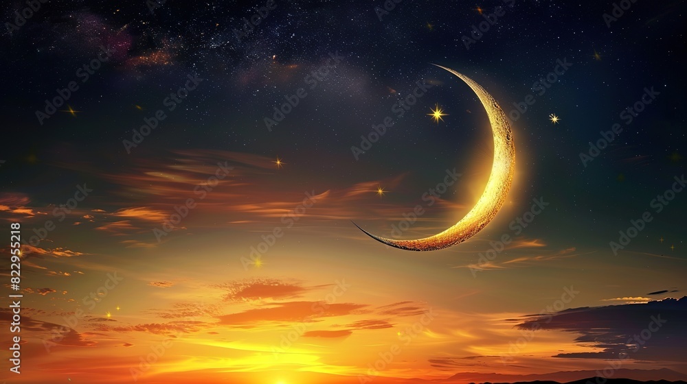 Fototapeta premium Crescent moon with beautiful sunset background . crescent moon with star for Eid celebration . Light in dark sky 