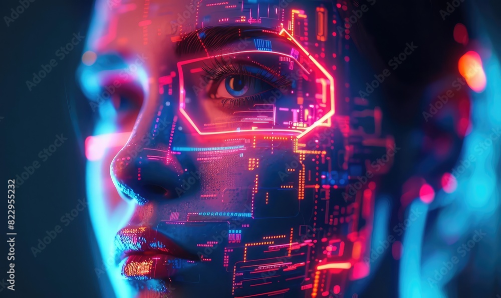 Digital face of AI, abstract and geometric shapes, glowing neon lines, cyberpunk style, vibrant colors, high resolution Digital face of AI, abstract and geometric shapes, glowing neon lines, cyberpunk style, vibrant colors, high resolution