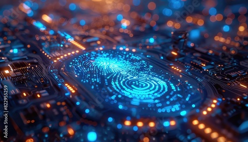 Digital fingerprint scanning, holographic interface, identity verification, blue neon lights, hightech design, detailed illustration