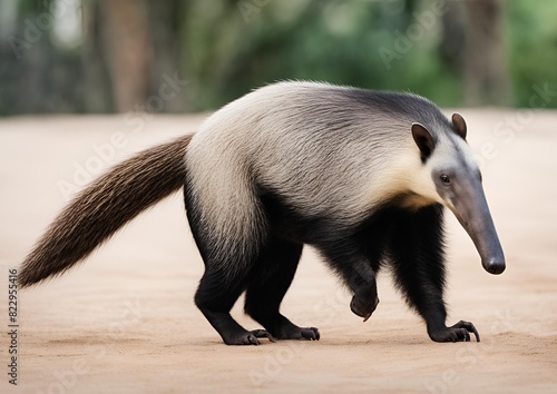 A Giant Anteater (Myrmecophaga tridactyla) isolated on a white background with a clipping path included. The zoo animal, characterized by its long tail and elongated nose, is walking while facing side photo