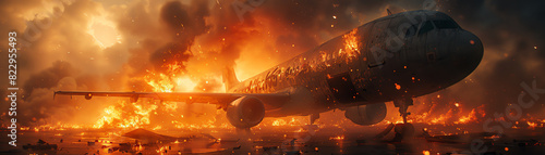 Dramatic scene of an airplane engulfed in flames during a crash, highlighting the intensity and urgency of the moment.