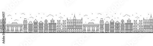 Seamless pattern with outline Brussels Belgium City Skyline. Historic Buildings Isolated on White. Brussels Cityscape with Landmarks.