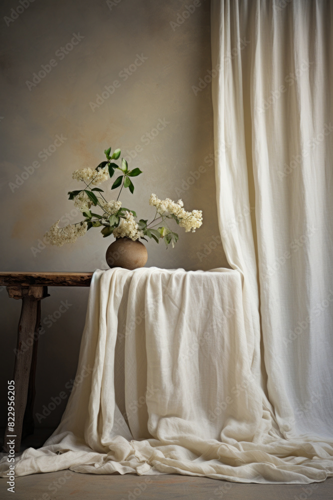 Vase with flowers on table with white cloth. Vase with flowers on table with white cloth.