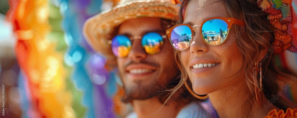 A young couple is standing in front of a colorful background A young couple is standing in front of a colorful background