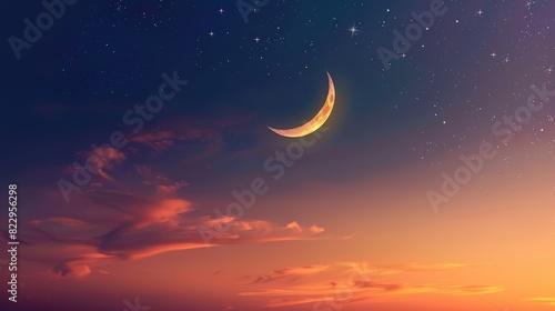 Crescent moon with beautiful sunset background . crescent moon with star for Eid celebration . Light in dark sky 