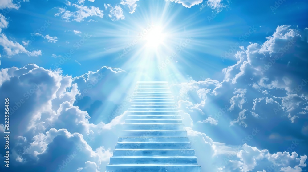 A stairway leading up into the sky, with white clouds and blue skies in background. Heavenly Stairway to Hope