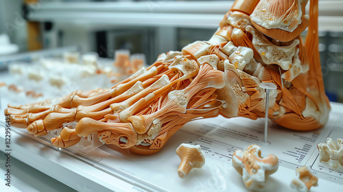 Close-up anatomical model of a human foot showcasing muscle and bone structure, ideal for medical and educational purposes. photo