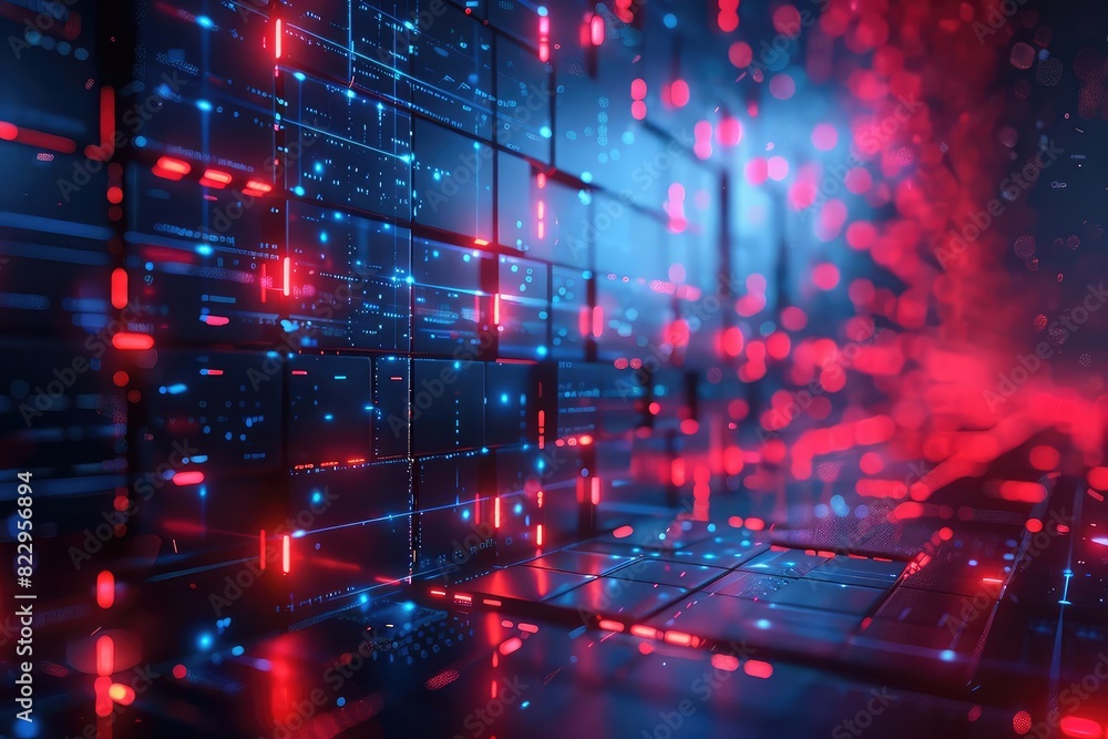Firewall visualization, glowing digital wall, data protection, red and blue tones, futuristic design, high resolution