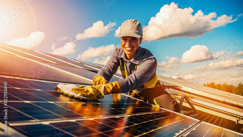 An Asian girl worker cleaning solar panels in a bright sunny day with smiling face wearing 
safety cap  and gloves