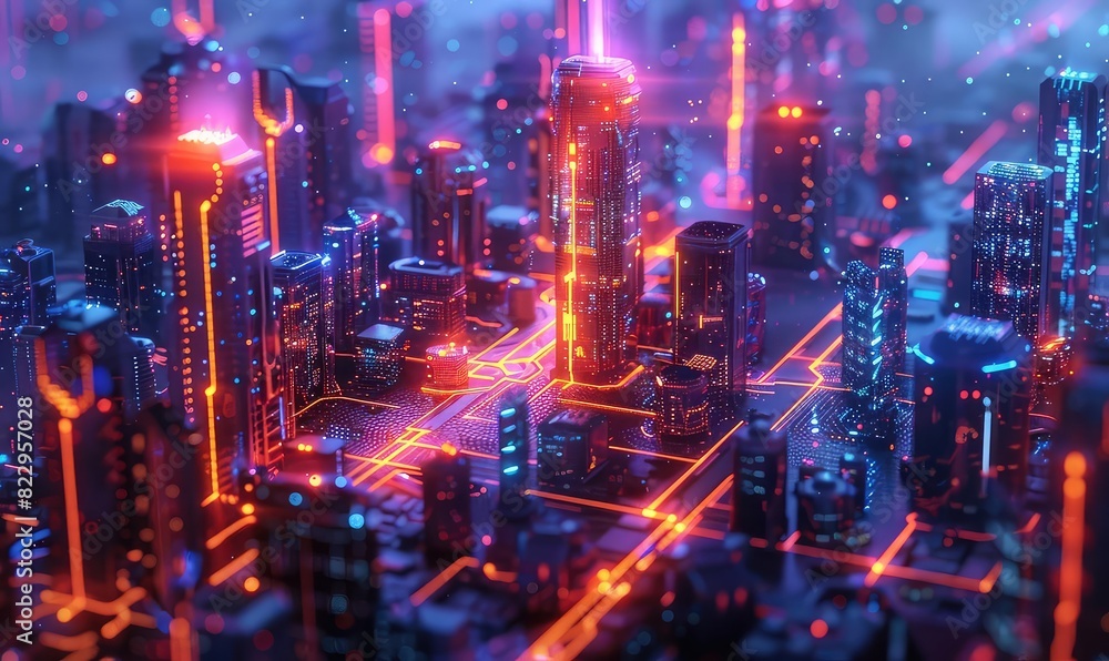 Futuristic city with blockchainpowered infrastructure, holographic data, neon lights, cyberpunk style, high resolution Futuristic city with blockchainpowered infrastructure, holographic data, neon lights, cyberpunk style, high resolution