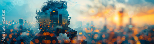 Double exposure of thoughtful person with glasses and a city skyline at dusk, blending urban life with inner contemplation. photo