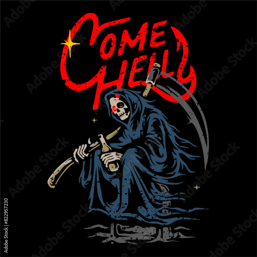 vector illustration artwork tracing skull skeleton grim reaper lettering typography text. Can be used as Logo, Brands, Mascots, tshirt, sticker,patch and Tattoo design