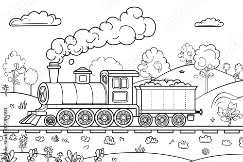 Coloring Pages with train for kids, Vector black and white steam train. Public transport icon or coloring page isolated on white background.