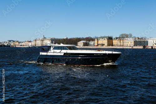 Stylish, comfortable 23-meter VIP-class motor yacht ATLANTIS III on the Neva. Saint Petersburg. Russia