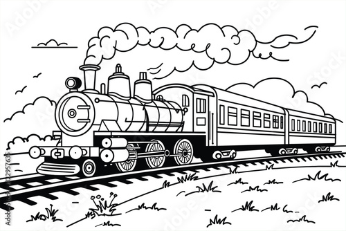 Coloring Pages with train for kids, Vector black and white steam train. Public transport icon or coloring page isolated on white background.