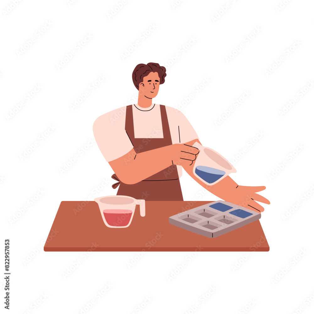Man making handmade natural soap, pours the soap mixture into special mold form vector flat illustration, spa product Man making handmade natural soap, pours the soap mixture into special mold form vector flat illustration, spa product