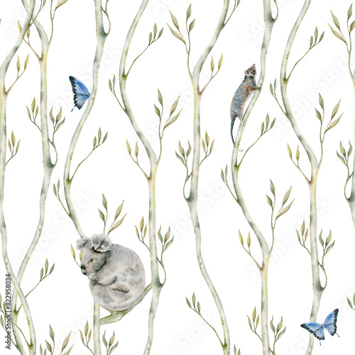 Photography Seamless pattern with sleeping koala, possum and butterfly