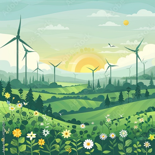 Idyllic landscape with wind turbines, blooming flowers, and a sunrise over green hills, illustrating renewable energy and sustainability.