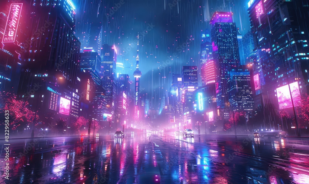Obraz premium Innovative city skyline, futuristic architecture, flying cars, holographic advertisements, neon lights, night scene, highresolution, cyberpunk style