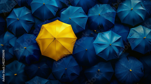 One yellow umbrella among blue umbrellas, standing out from the crowd. An aerial view of one open umbrella in a color different from all others around it