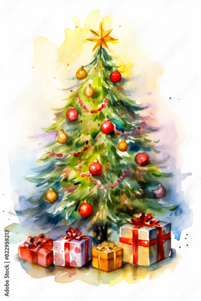 Watercolor painting of christmas tree with presents under it.