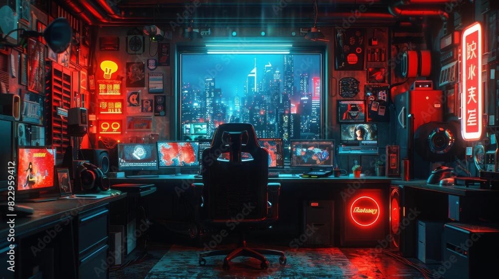 A dark and moody gaming room with a large window looking out onto a city at night. The room is full of high-end gaming equipment and neon lights.