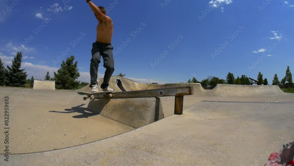 man does a grind on their skateboard down a rail man does a grind on their skateboard down a rail