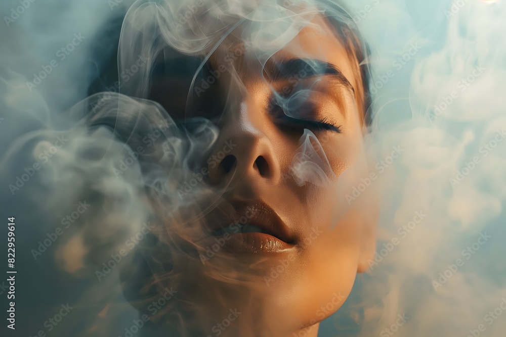 Close-up photo of a serene woman surrounded by ethereal smoke with a dreamy atmosphere Close-up photo of a serene woman surrounded by ethereal smoke with a dreamy atmosphere
