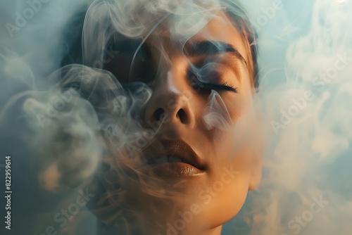 Close-up photo of a serene woman surrounded by ethereal smoke with a dreamy atmosphere