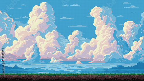 Pixel art sky background, clouds, blue sky, 8 bit game level, vector