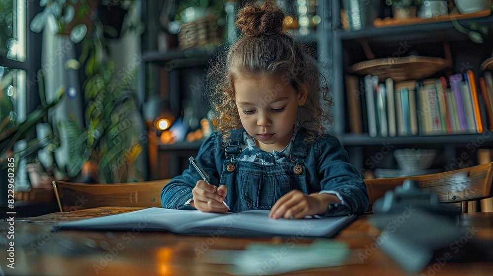 A father helping his daughter with her homework at the dining table A father helping his daughter with her homework at the dining table