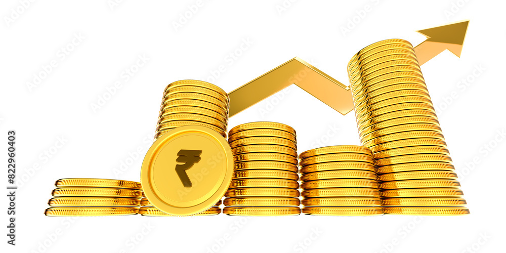Golden Indian rupee sign and Indian currency coin isolated on 3d render ...