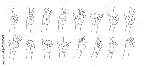 Set of realistic gesture hand shapes. Black line stroke graphic art. Human Hand Poses and Gestures. Concept of Male and Female Hands Counting Numbers, Thumbs Up, Open Palms, Communication. Vector.