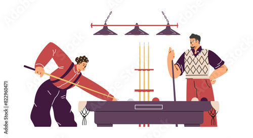 Vector illustration of a lively billiard room with players, a billiard table and a cue