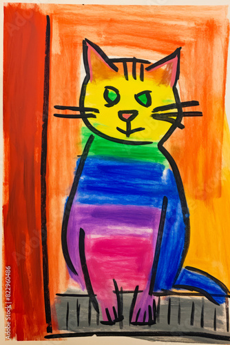 Image of cat with rainbow colored coat on.