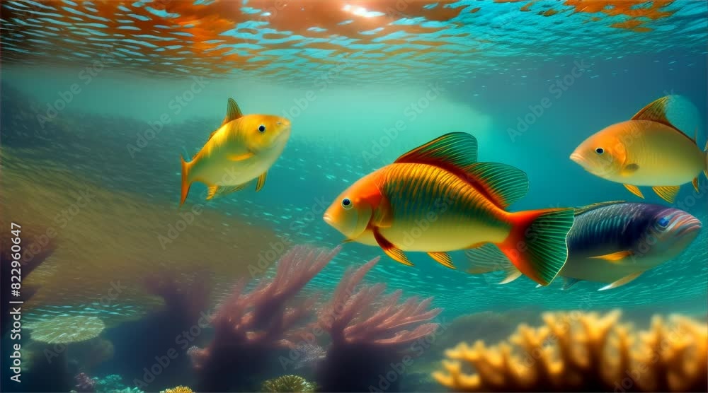 Underwater scene featuring a vibrant coral reef teeming with colorful fish in the deep blue sea Underwater scene featuring a vibrant coral reef teeming with colorful fish in the deep blue sea